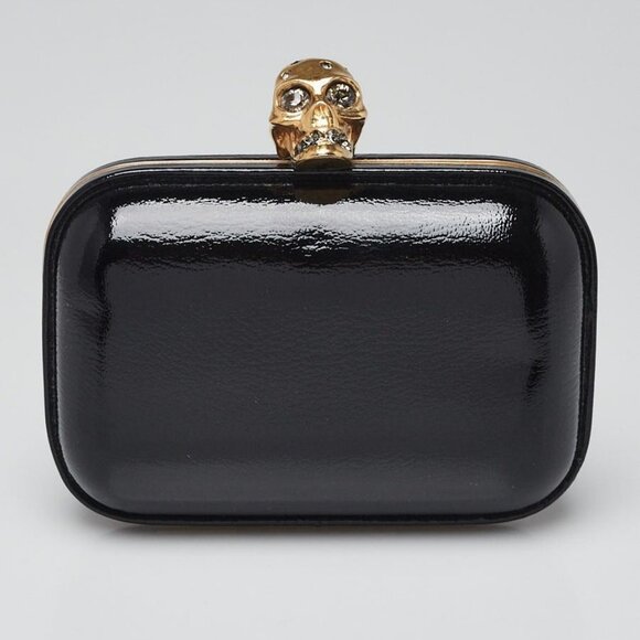 Alexander McQueen Handbags - Alexander McQueen Black Patent Leather Crystal Skull Box Clutch Bag